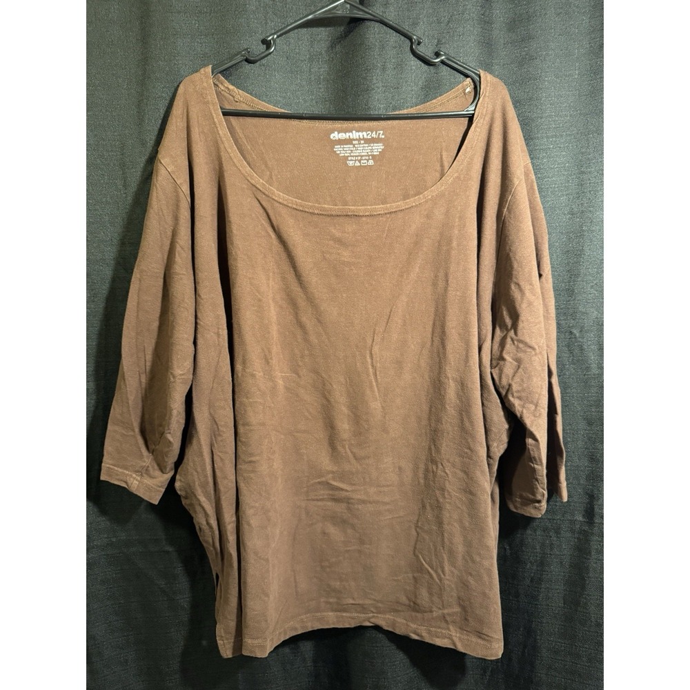 Denim24/7 Womens 2X Brown Scoop Neck 3/4 Sleeve Cotton Stretch Plus Size Top